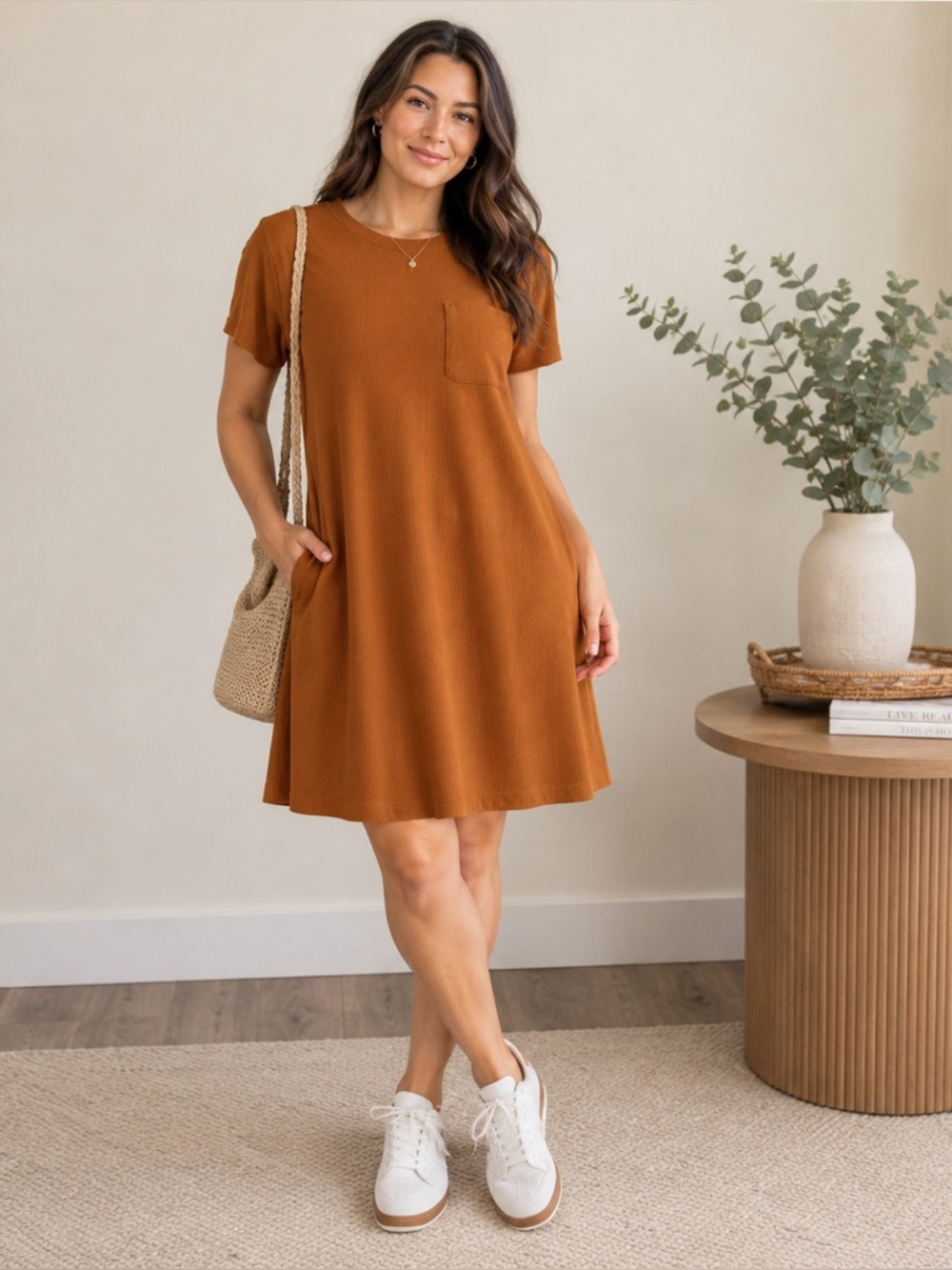 Madewell Ribbed Pocket Tee Dress Medium Rust Brown Short Sleeve Shift Dress - Picture 2 of 8